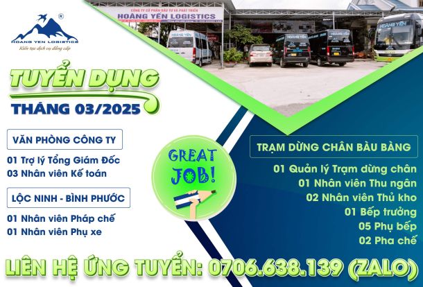 VIỆC LÀM TỐT TẠI HOÀNG YẾN LOGISTICS, ĐANG CHỜ BẠN!